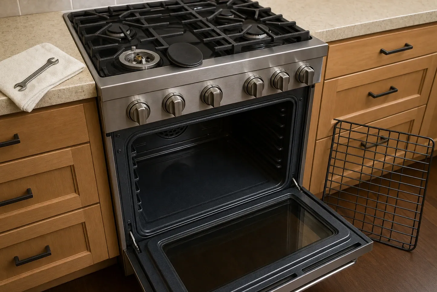 Stainless gas range with the oven door open, cooktop grates lifted and one burner base exposed, a spanner on the counter