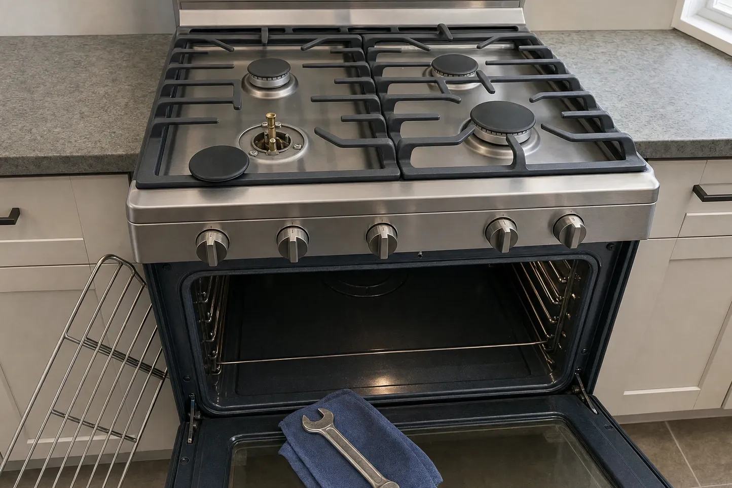 Gas range with the oven door open and the cooktop grates lifted, a spanner resting on a cloth on the door