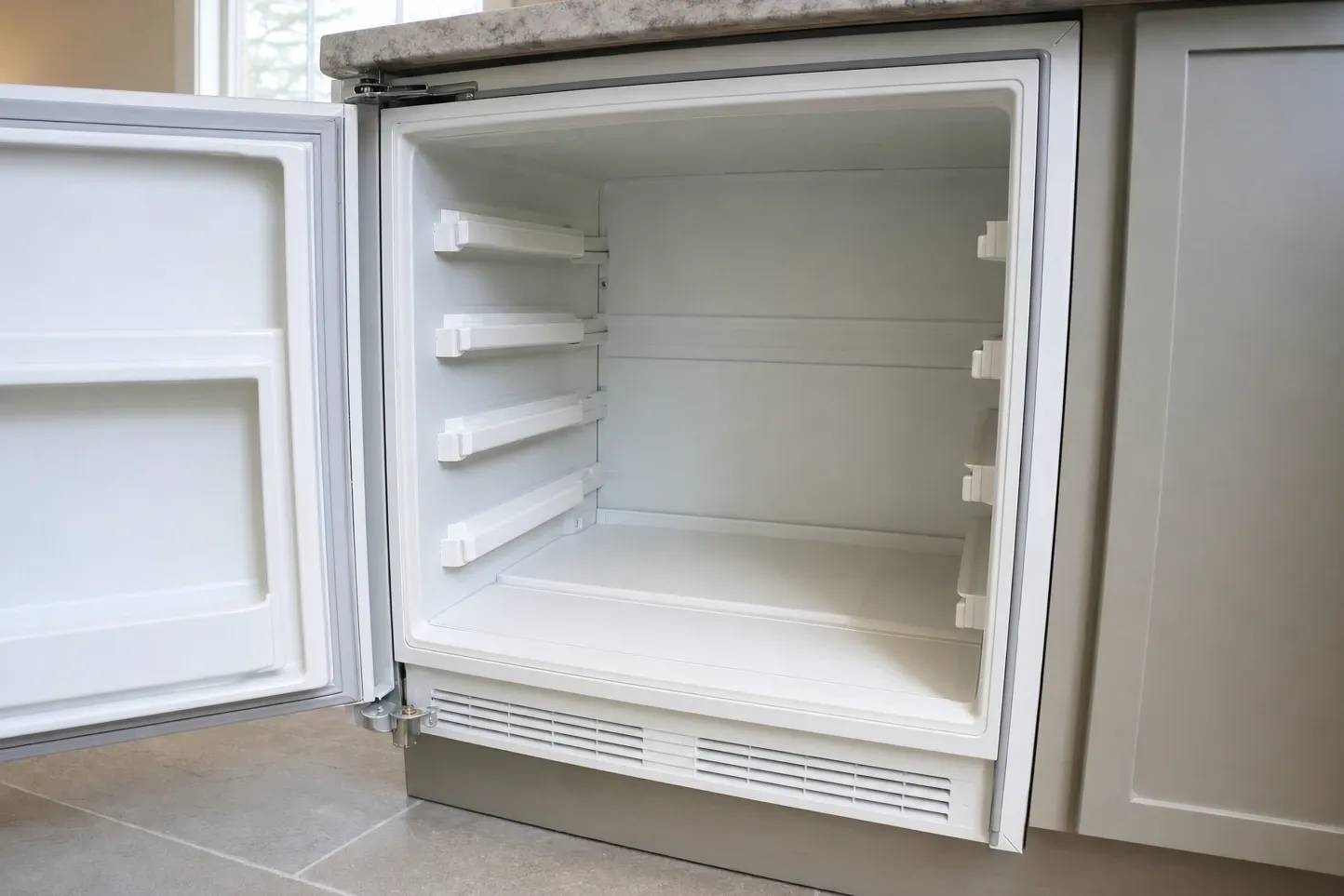 Undercounter refrigerator door open on an empty interior, shelf runners along both walls and the vent grille at the base