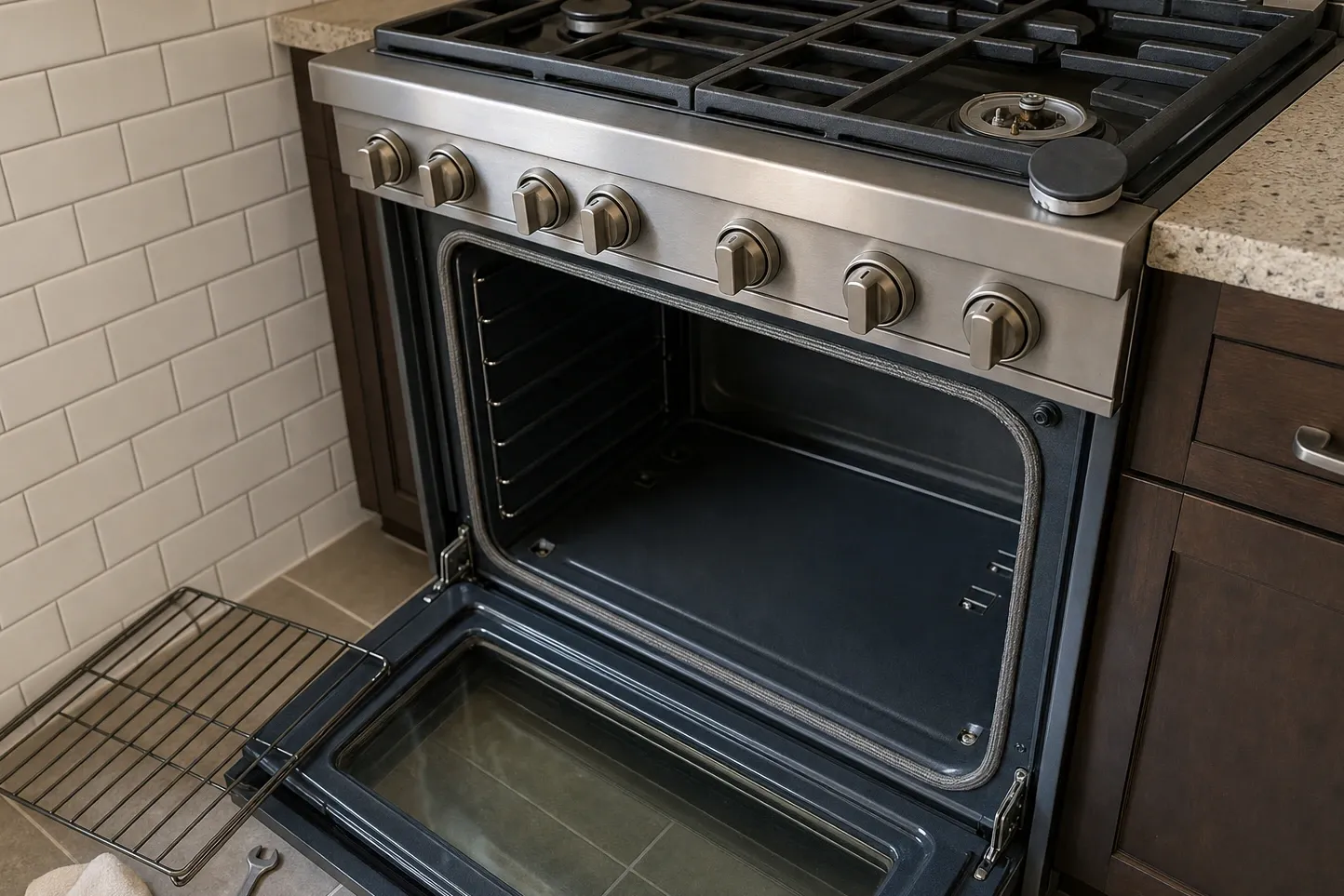 Open oven cavity with the braided door gasket running right around the frame, one rack set out on the floor