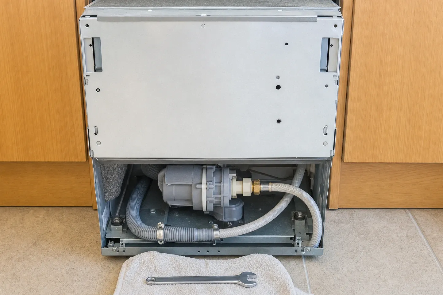 Dishwasher pulled clear of the cabinet run with the underside open, drain hose and braided supply line in view