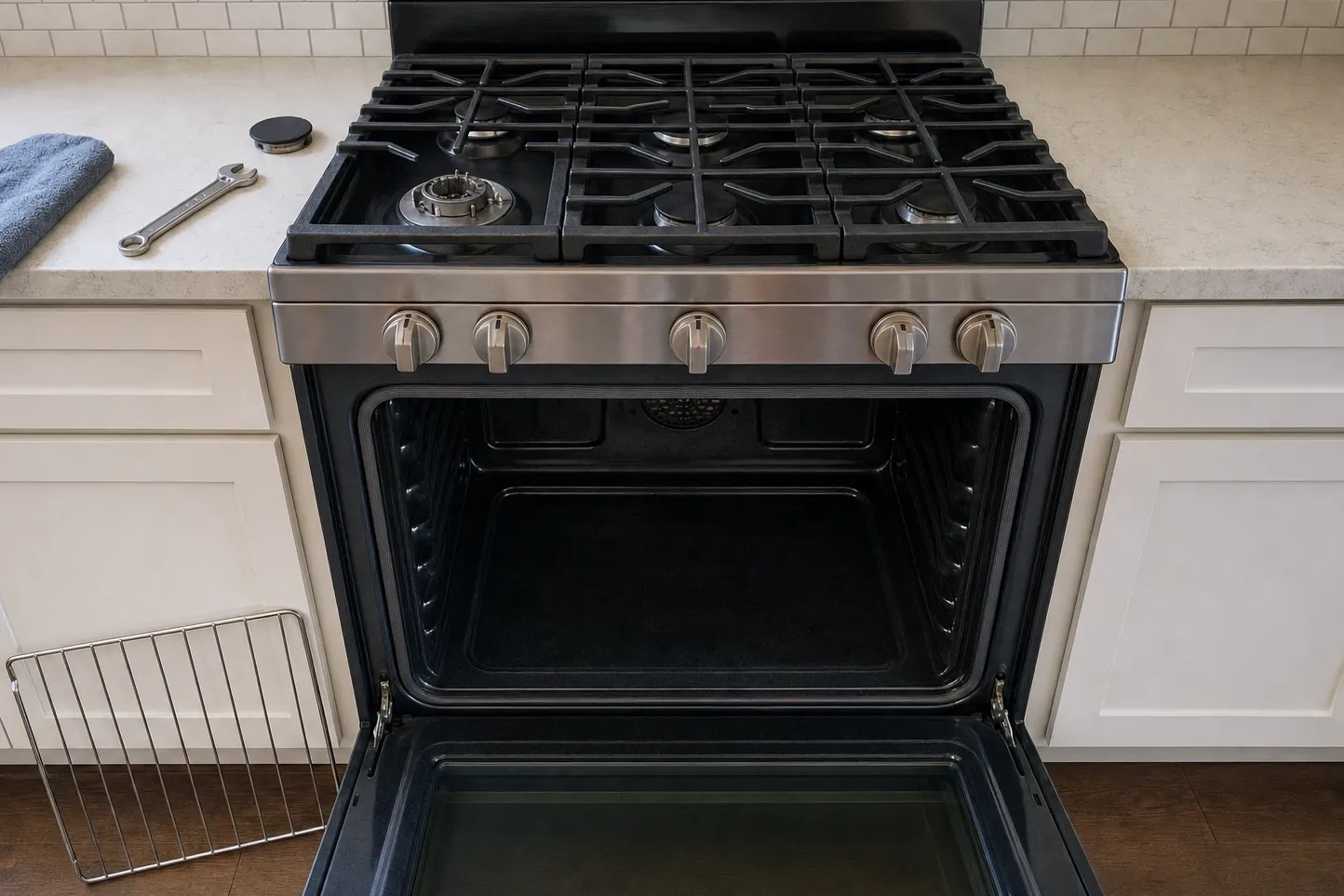 Freestanding stainless gas range in white cabinetry with one burner cap lifted onto the counter beside a wrench, the oven door open on an empty cavity and a rack standing on the floor