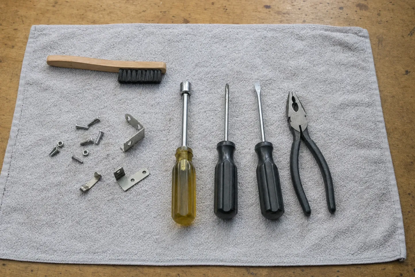 Two steel angle brackets, a bent tab, loose screws and hex nuts set out on a grey towel with a wooden-handled wire brush, a nut driver, two screwdrivers and lineman’s pliers