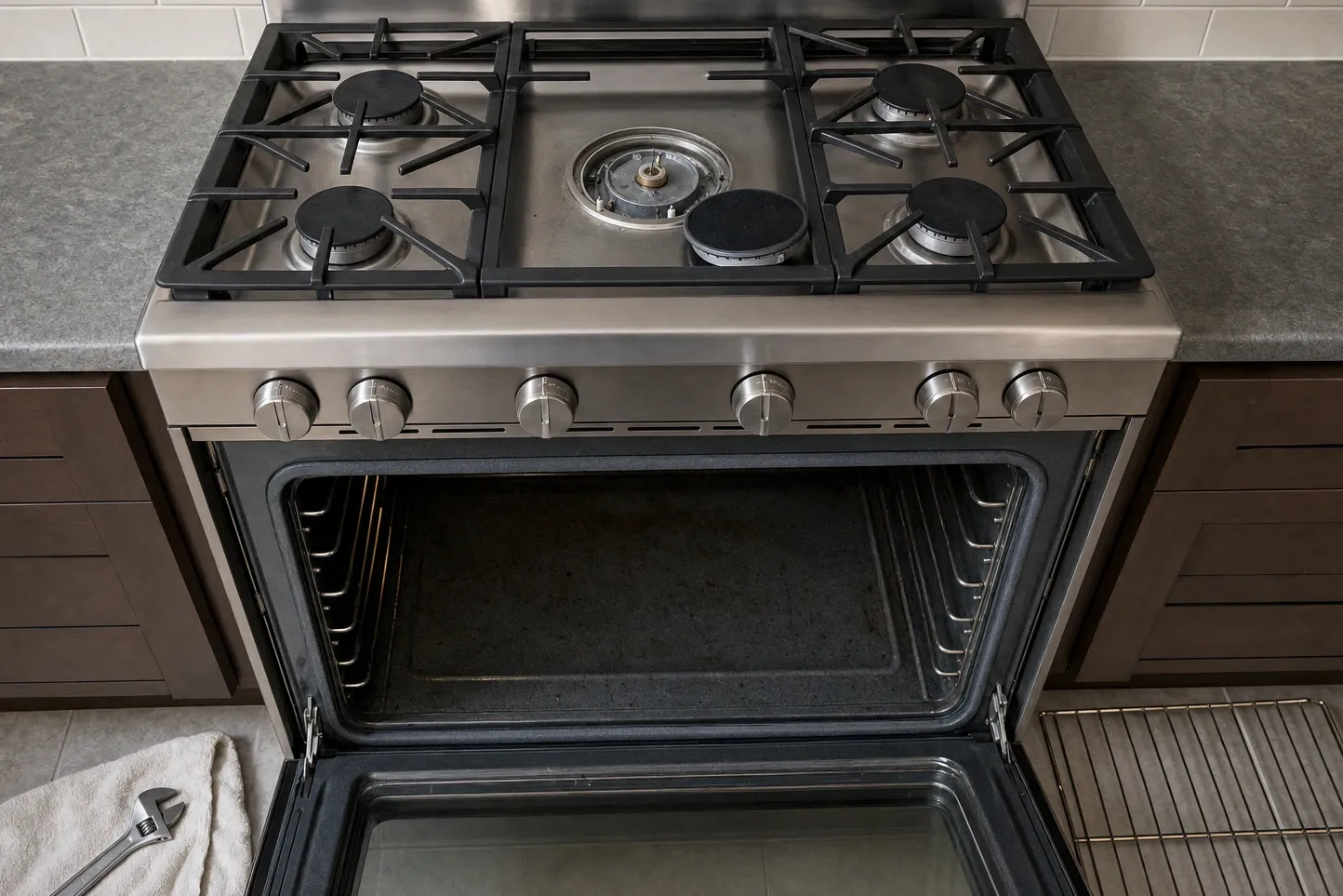 Wide stainless gas range in dark timber cabinetry with the centre burner assembly completely exposed and its cap set down beside it, the oven door open on an empty cavity