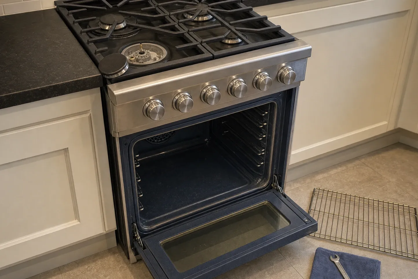 Slide-in gas range with the oven door dropped flat so the inner glass panel faces upwards, the empty cavity and its rack ladders visible behind