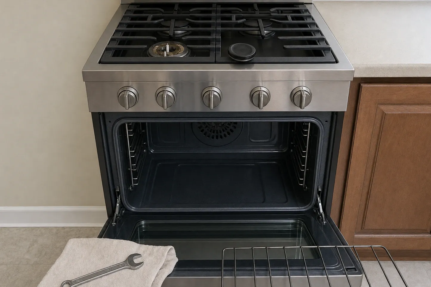Empty oven cavity with chrome rack ladders on both walls and a large round perforated fan cover centred on the rear wall, one burner stripped to its base on the cooktop above