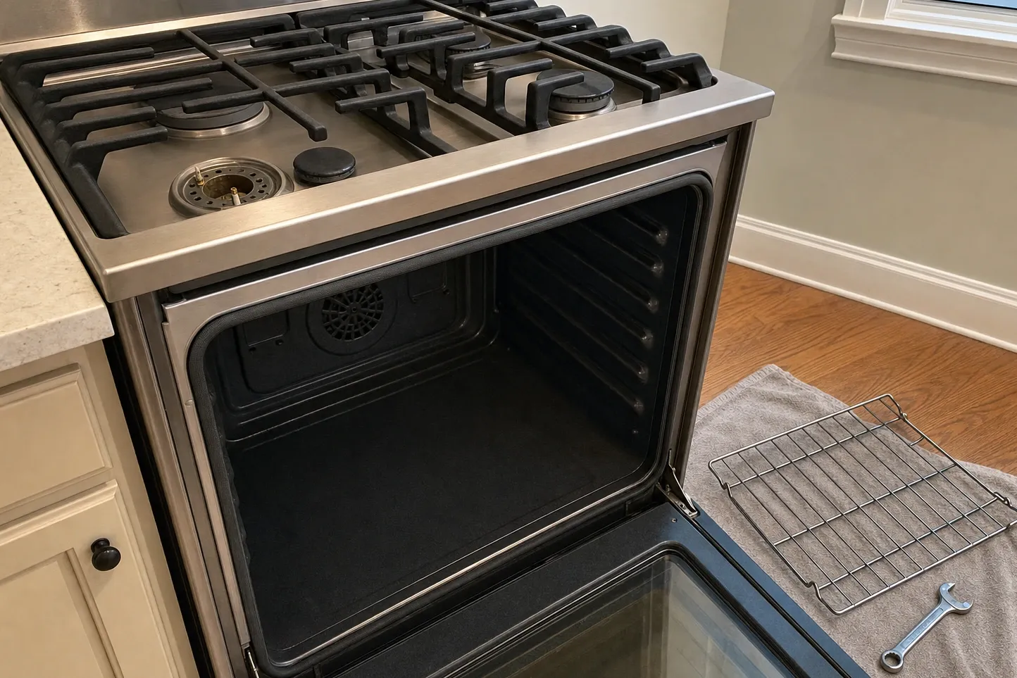 Gas range with the oven door dropped fully open, the braided gasket running right round the front frame and a round perforated fan cover on the rear wall of the cavity